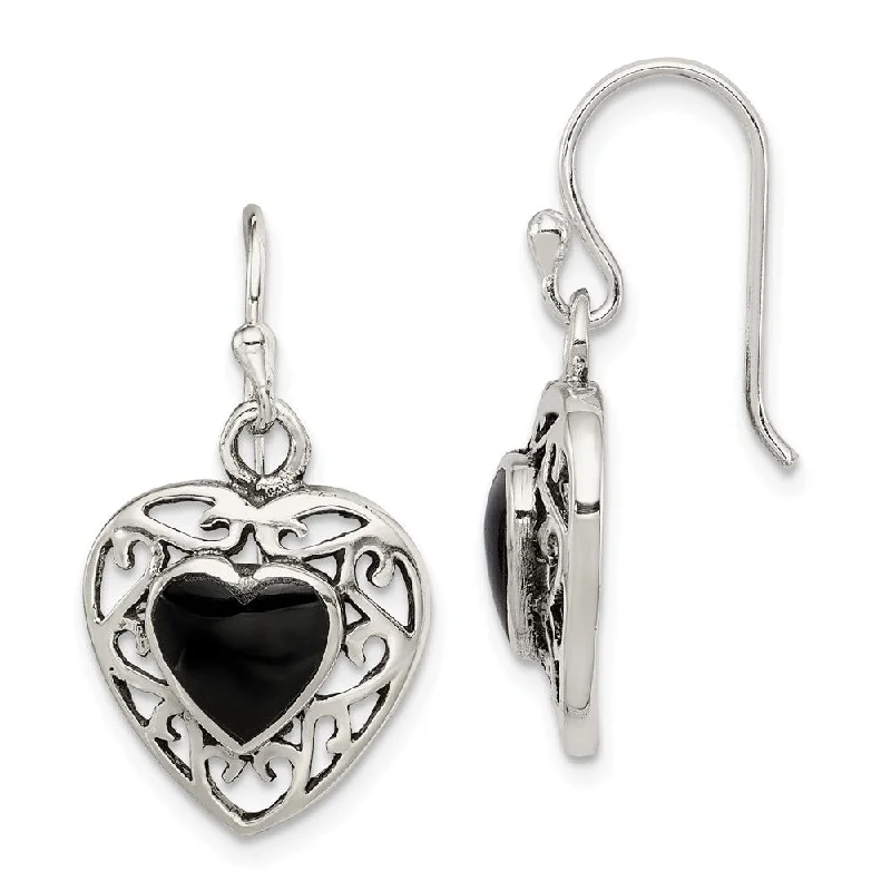 Crystal and Gemstone Earrings-14mm Black Onyx Heart Dangle Earrings in Antiqued Sterling Silver