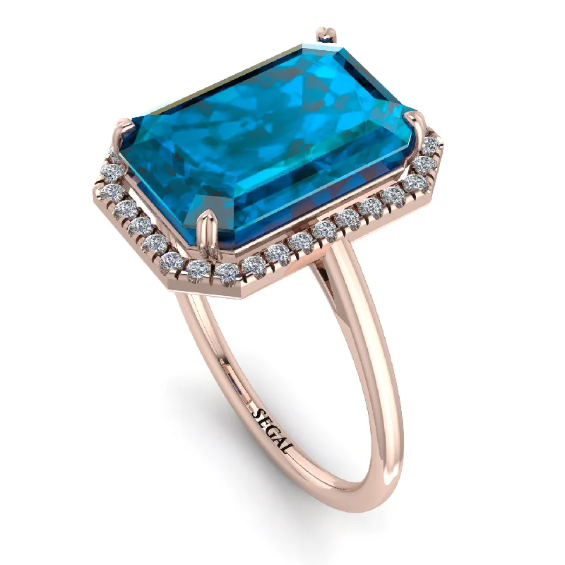 Trendy Wedding Ring Sets-Halo Emerald Cut Blue Topaz Engagement Ring - Izabella No. 502