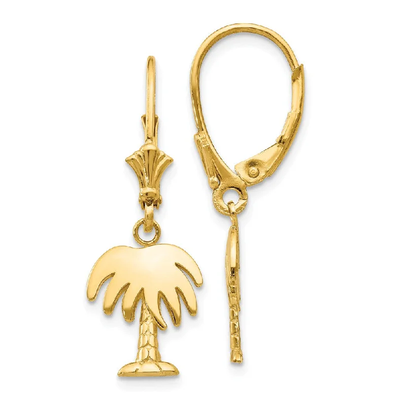 Gold Gemstone Earrings-Polished Palm Tree Lever Back Earrings in 14k Yellow Gold