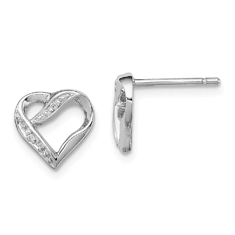 Stylish Stud Earrings for Women-10mm Diamond Ribbon Heart Post Earrings in Sterling Silver