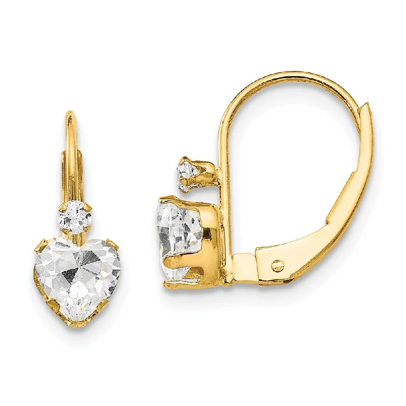 Eye-Catching Earrings-Kids Clear Cubic Zirconia Heart Lever Back Earrings in 14k Yellow Gold