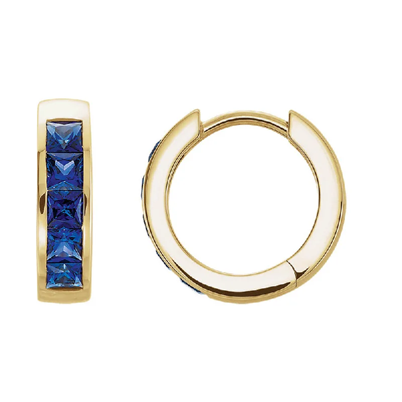 Silver and Gold Earrings-14k Yellow Gold Created Blue Sapphire Hinged Round Hoop Earrings, 14mm