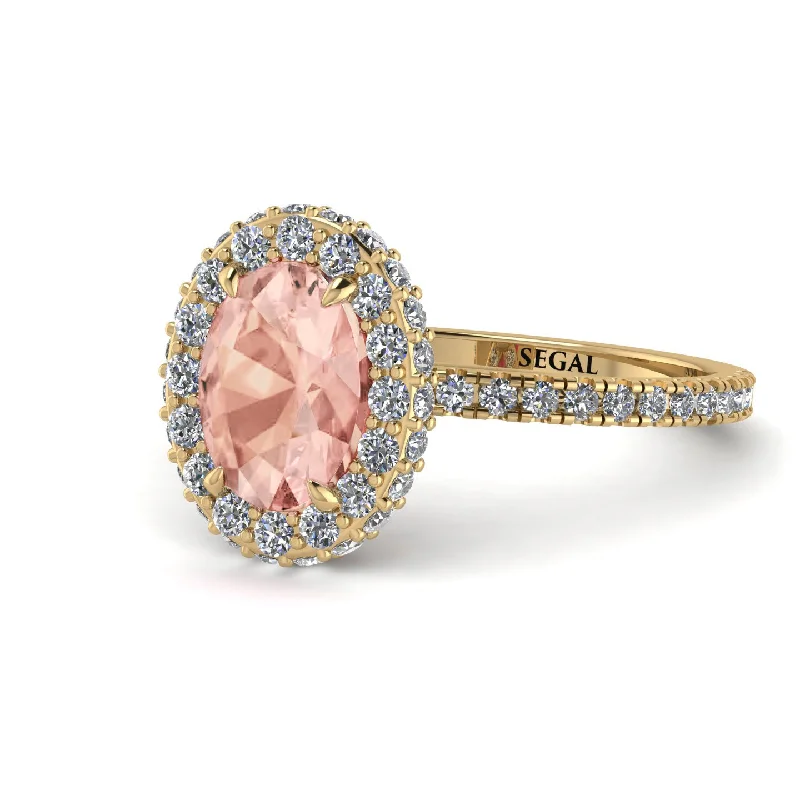 Vintage Gold Rings-Oval Morganite Halo Hidden Diamonds Ring - Amy No. 901