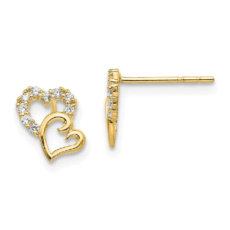 Unique Drop Earrings-Kids 14k Yellow Gold & CZ 7mm Double Heart Post Earrings