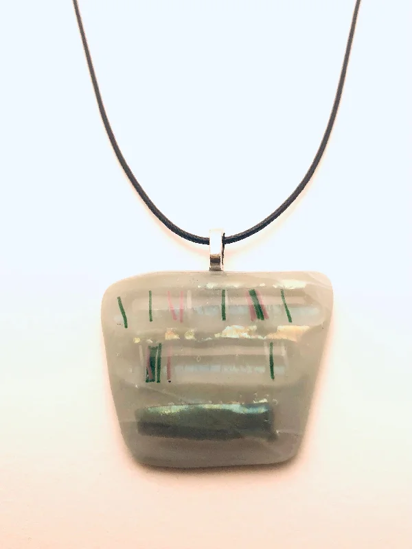 Large Gold Pendant Necklaces-Necklace with fused Glass Pendant, large pendant, milky white with green stripes