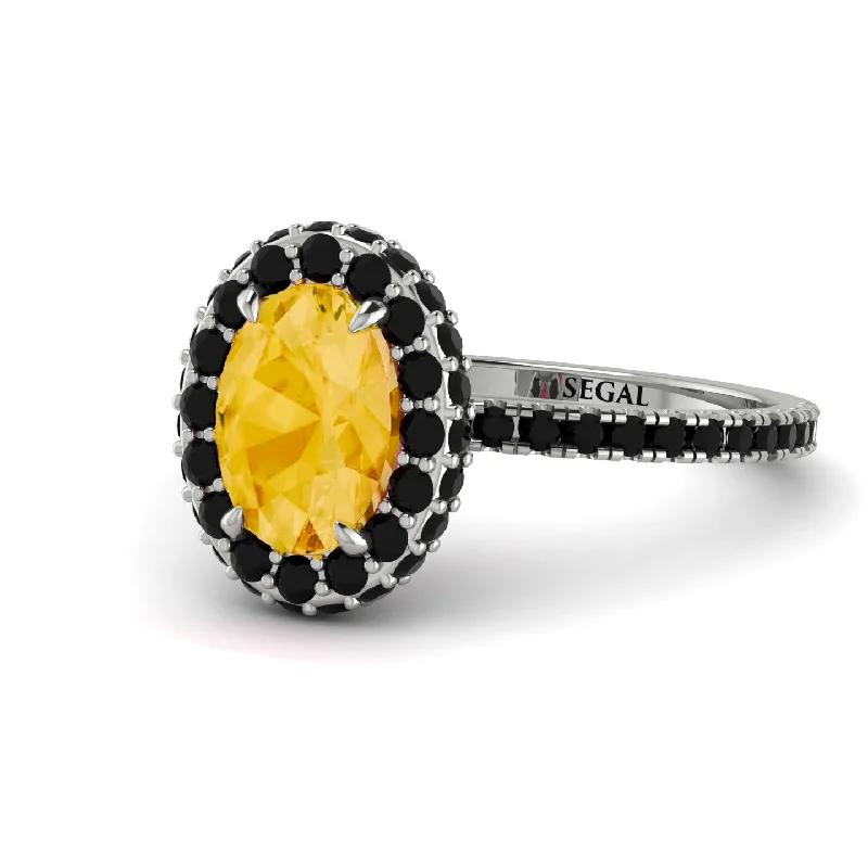 Unique Wedding Bands-Oval Citrine Halo Hidden Black Diamonds Ring - Amy No. 609