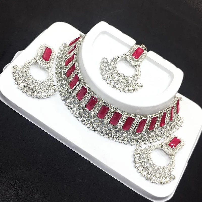 Sparkling Crystal Necklaces-Akruti Collection Silver Plated Crystal Stone Choker Necklace Set