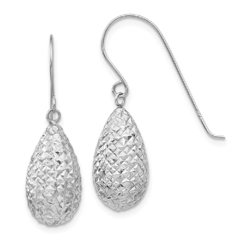 Chic Hoop Earrings-15mm Diamond Cut Puffed Teardrop Dangle Earrings in 14k White Gold