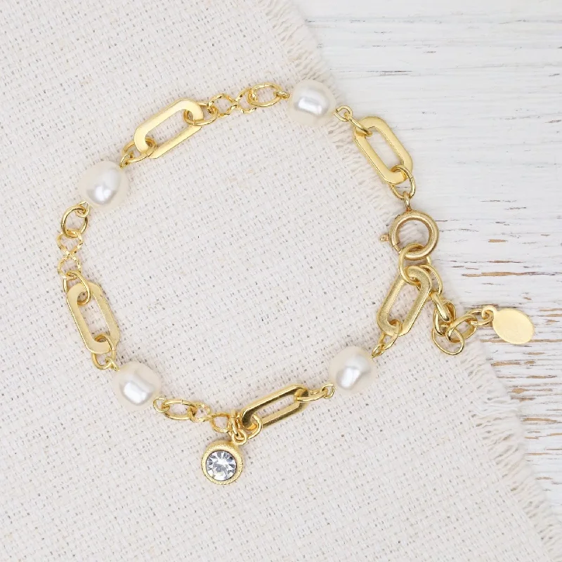 Custom Bangle Bracelets for Weddings-White Crystal Pearl Station Bracelet