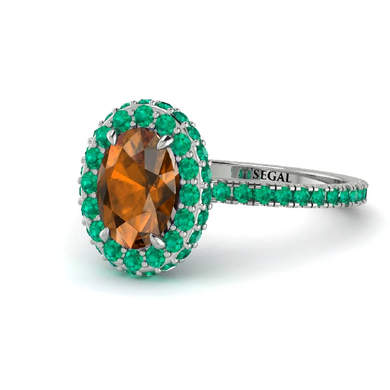 Luxury Wedding Ring Sets-Oval Brown Diamond Halo Hidden Emeralds Ring - Amy No. 1106