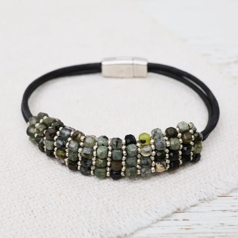 High-End Diamond Bracelets-Hand Stitched Prehnite Cubes & Tiny Silver Beads Leather Bracelet