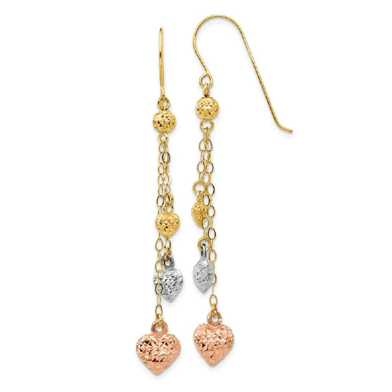 Contemporary Earrings-14k Tri Color Gold, Triple Puffed Heart and Chain Dangle Earrings