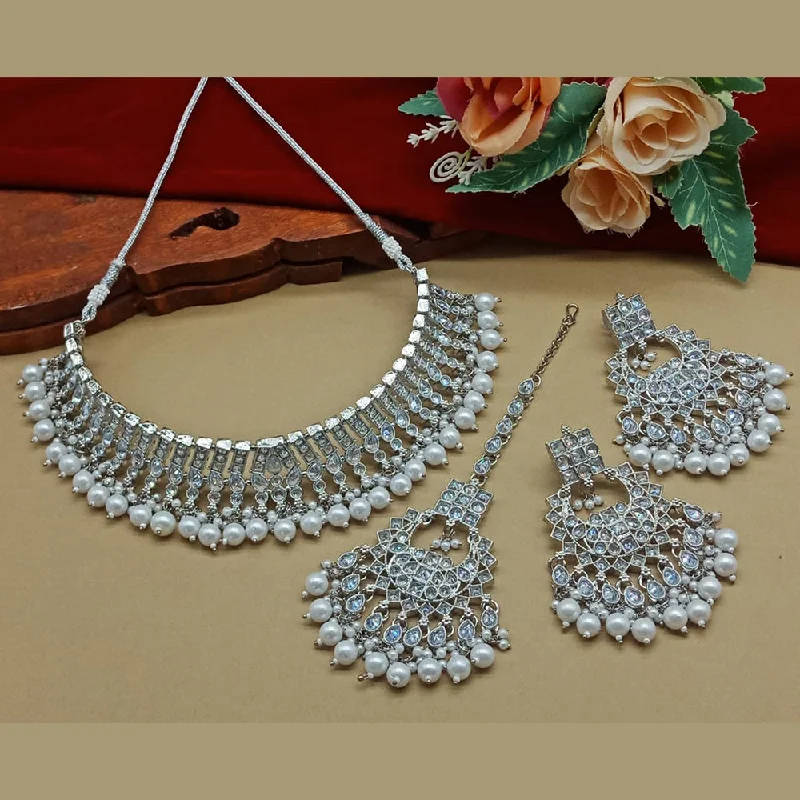 Antique Style Necklaces-India Art Silver Plated Crystal Stone And Beads Necklace Set