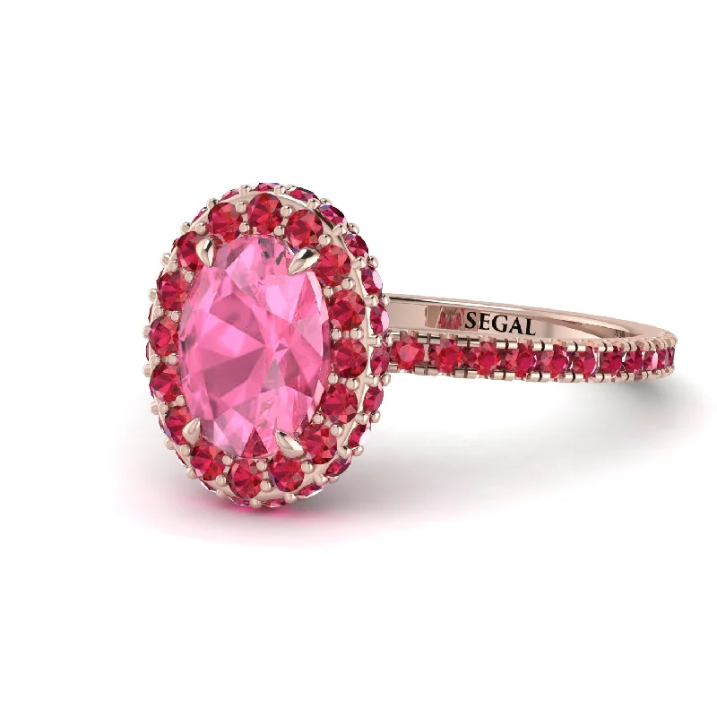 Bridal Rings-Oval Pink Moissanite Halo Hidden Rubies Ring - Amy No. 811