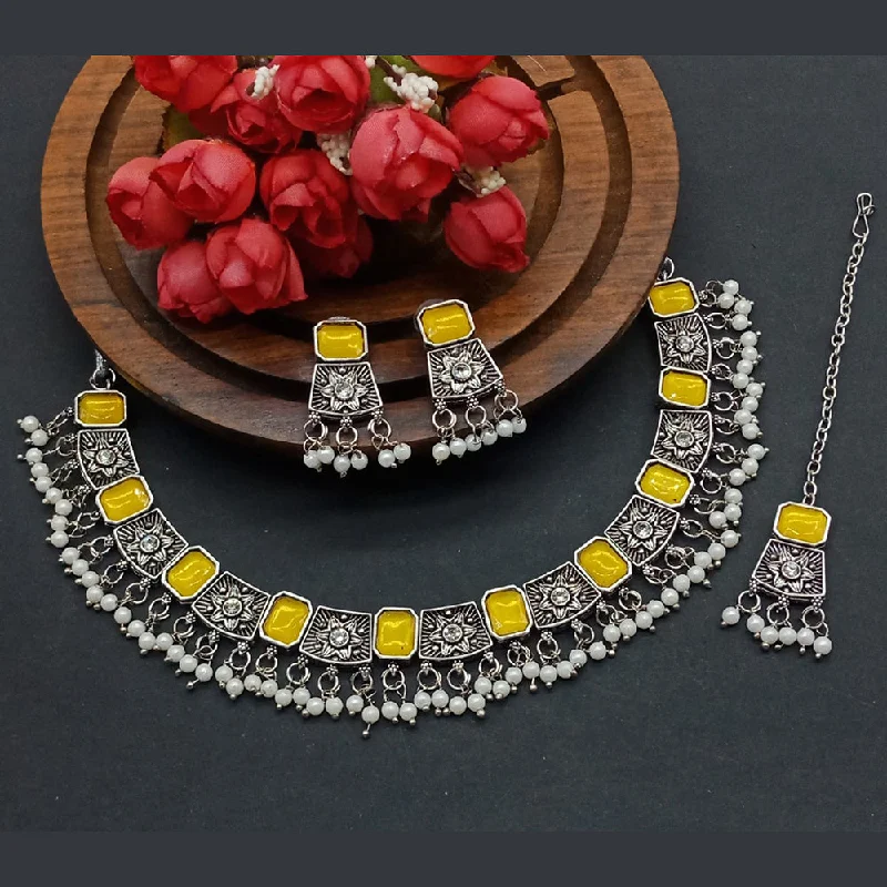 Handcrafted Gold Necklaces-Gehana Mahal Oxidised Plated Crystal Stone Choker Necklace Set