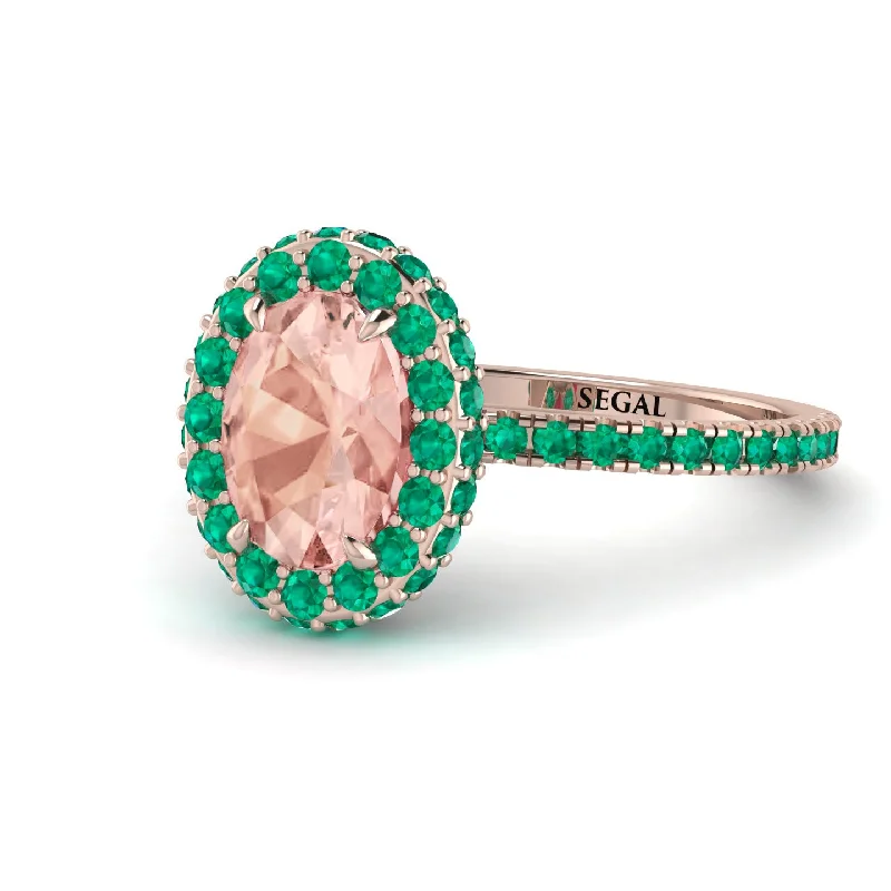 Personalized Wedding Rings-Oval Morganite Halo Hidden Emeralds Ring - Amy No. 905