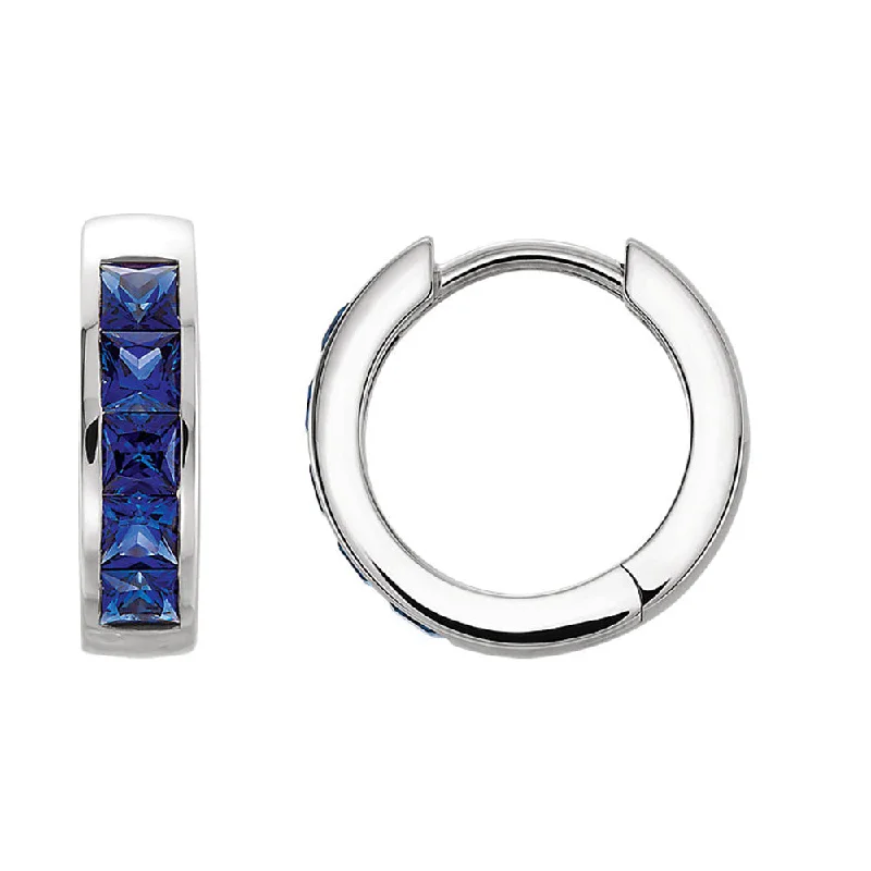 Statement Earrings for Women-14k White Gold Created Blue Sapphire Hinged Round Hoop Earrings, 14mm