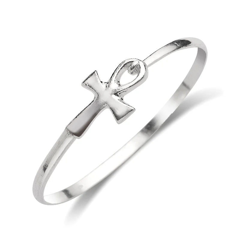 Beautiful Wedding Bangle Bracelets-Small Smooth Ankh Cross .925 Sterling Silver Hook Bangle, 1 piece