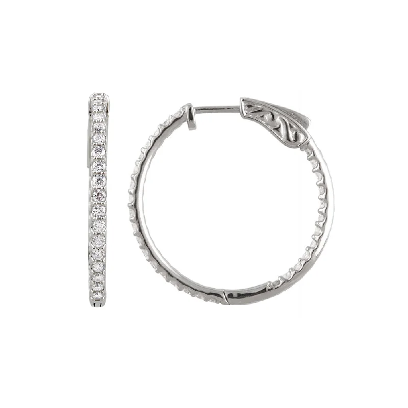 Elegant Crystal Earrings-14k White Gold 27mm Inside Outside Diamond Hinged Round Hoop Earrings