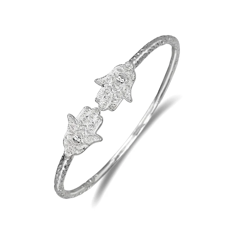 Classic Wedding Bangle Sets-Hamsa Ends Solid .925 Sterling Silver Bangle, 1 piece