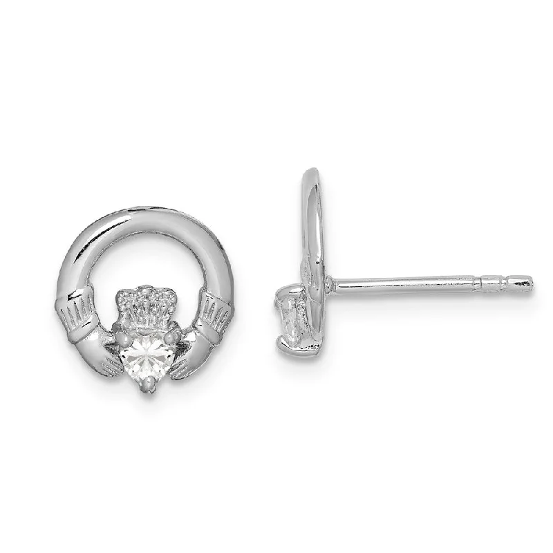 Minimalist Earrings for Women-10mm Cubic Zirconia Claddagh Post Earrings in Sterling Silver