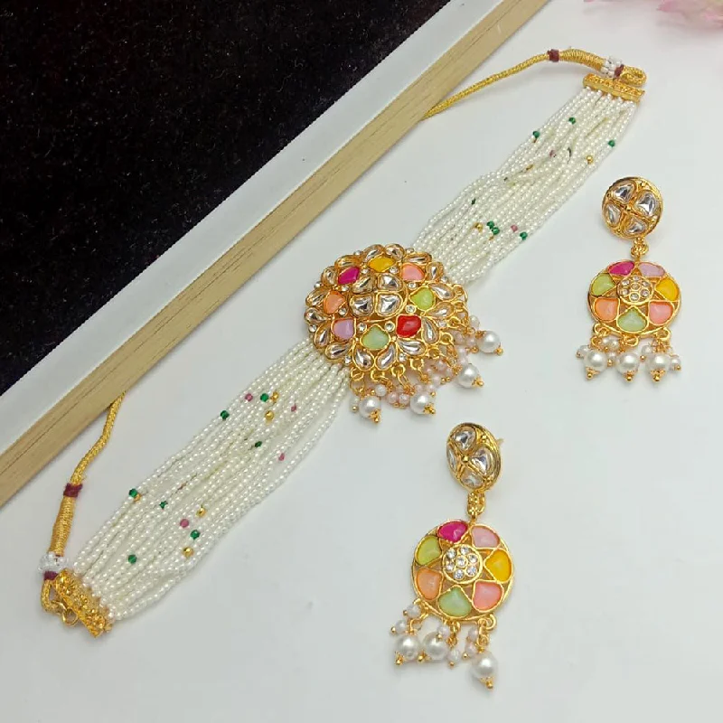 Luxury Crystal Necklaces-SP Jewellery Gold Plated Kundan And Pearl Choker Necklace Set