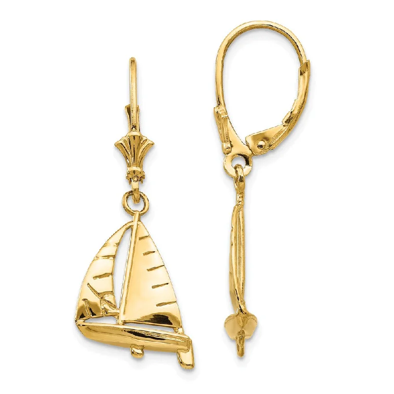 Unique Wedding Earrings-Polished 3D Sailboat Lever Back Earrings in 14k Yellow Gold