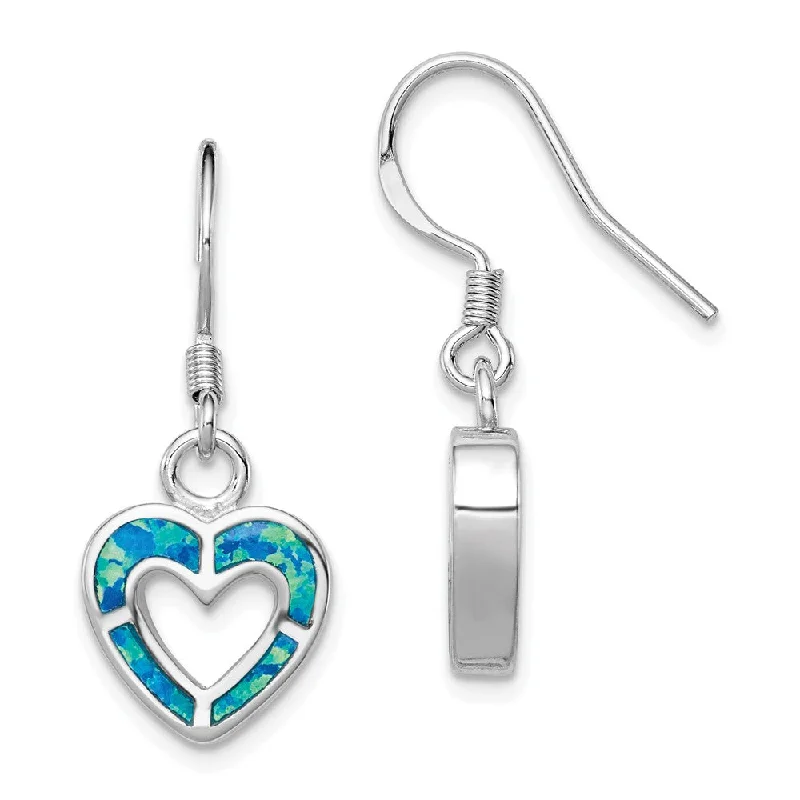 Artistic Stud Earrings-10mm Blue Inlay Created Opal Heart Dangle Earrings in Sterling Silver