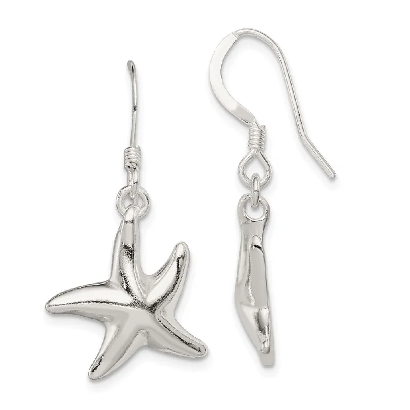 Designer Drop Earrings-15mm Polished Starfish Dangle Earrings in Sterling Silver