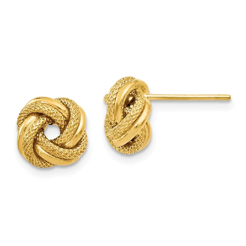 Diamond Stud Earrings-9mm (3/8 Inch) 14k Yellow Gold Polished Textured Love Knot Earrings