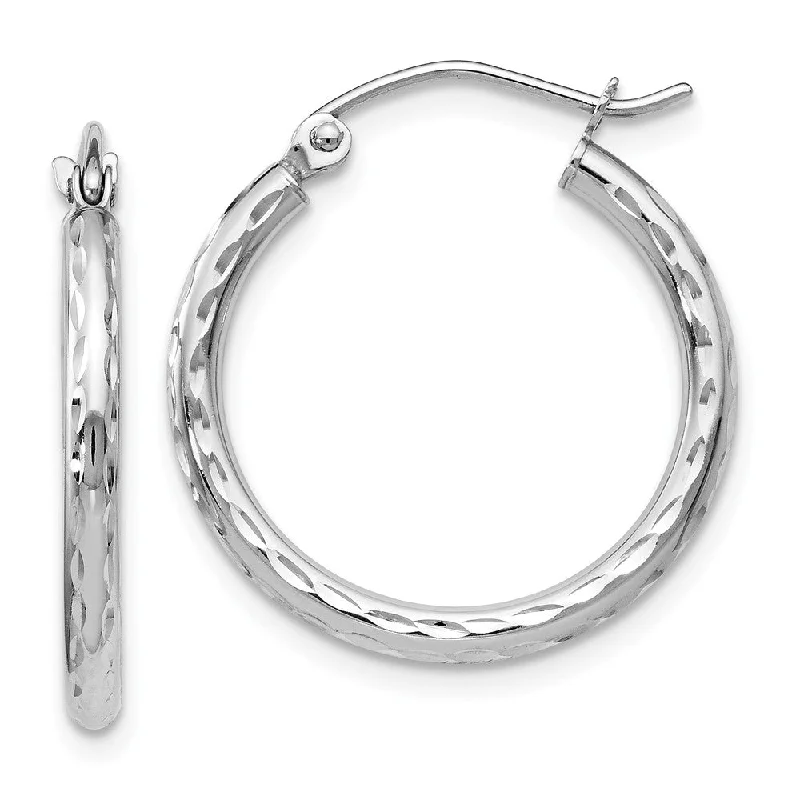 Dainty Silver Earrings-2mm Textured Round Hoop Earrings in 14k White Gold, 20mm (3/4 Inch)