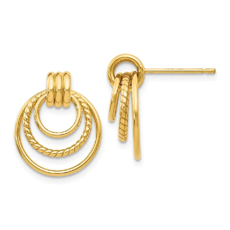 Stylish Hoop Earrings-Polished and Twisted Triple Circle Post Earrings in 14k Yellow Gold