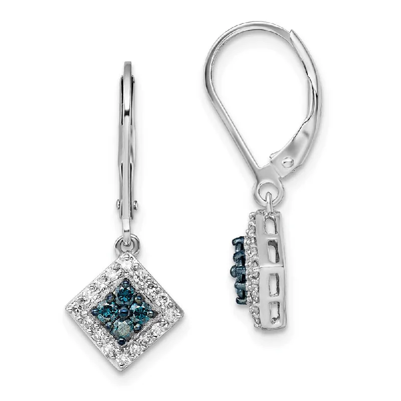 Dainty Gold Earrings-Blue & White Diamond Small Square Sterling Silver Lever Back Earrings