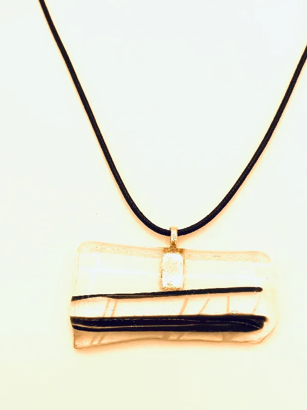 Adjustable Pendant Necklaces-Necklace with Fused Glass Pendant, Clear with Black Stripes