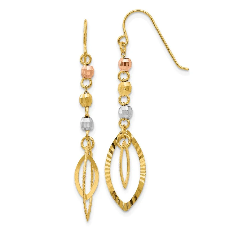 Delicate Hoop Earrings-Tri-Color Bead and Marquise Shaped Dangle Earrings in 14k Gold