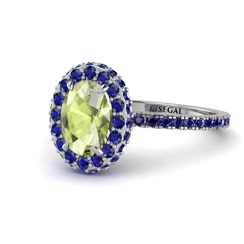 Designer Diamond Rings-Oval Peridot Halo Hidden Sapphires Ring - Amy No. 715