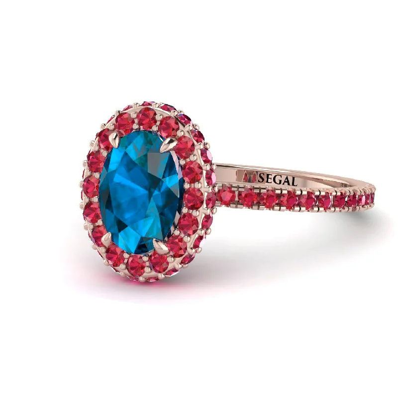 Fashion Rings for Men-Oval Blue Topaz Halo Hidden Rubies Ring - Amy No. 511