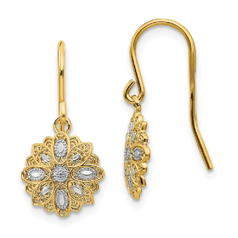 Vibrant Drop Earrings-10mm Floral Dangle Earrings in 14k Yellow Gold and White Rhodium