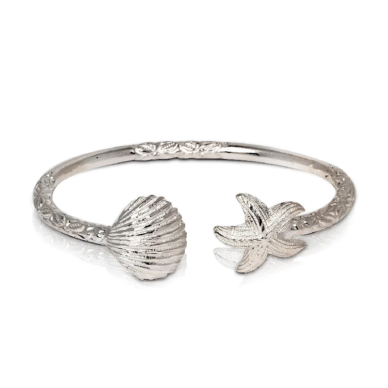 Slim Silver Bangles-Solid .925 Sterling Silver Summer Dream Bangle, Scallop Sea Shell w. Starfish Ends Bangle, 1 piece