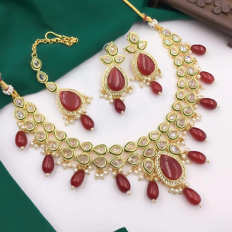 Classic Gold Choker Necklaces-5G Jewellery Gold Plated Crystal Stone And Beads Necklace Set