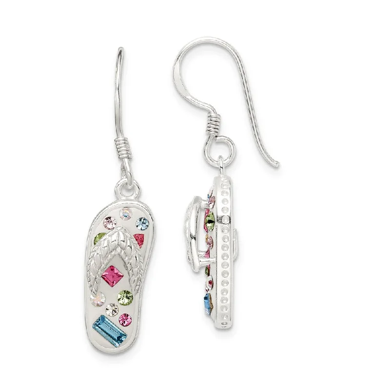 Trendy Silver Earrings-Multi Color Crystal Collage Flip flop Earrings in Sterling Silver