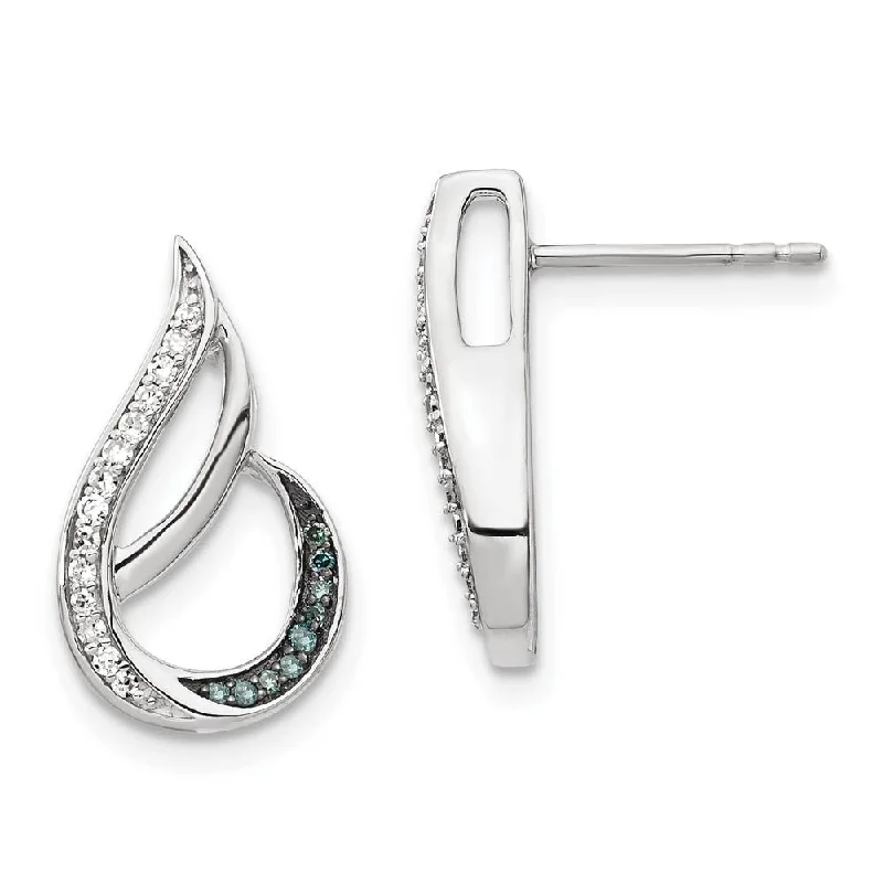 Everyday Earrings-Blue & White Diamond Tear Rhodium Plated Sterling Silver Post Earrings