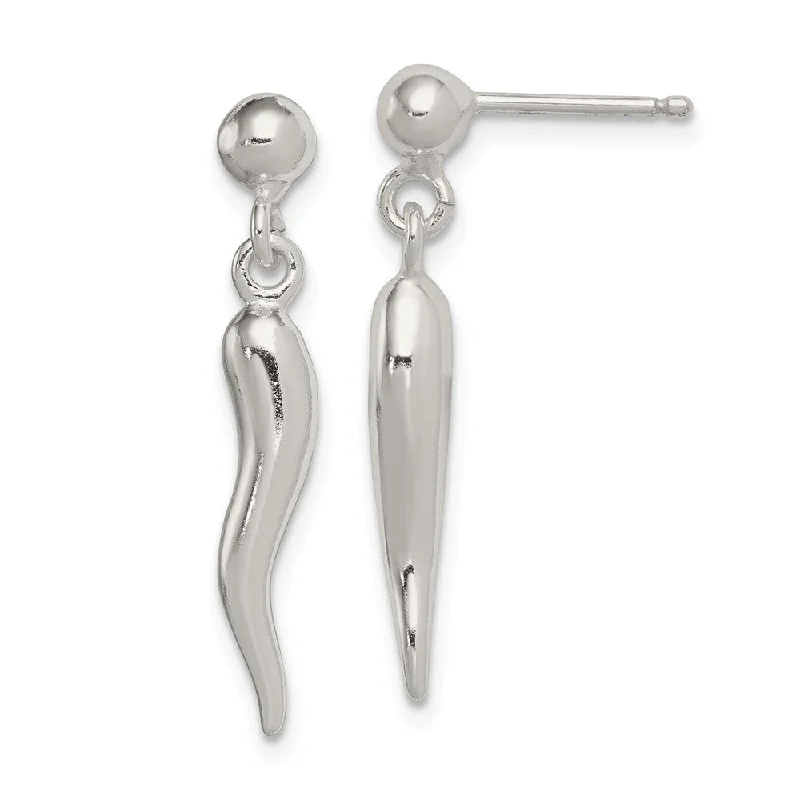 Classic Drop Earrings-3D Polished Italian Horn Dangle Post Earrings in Sterling Silver