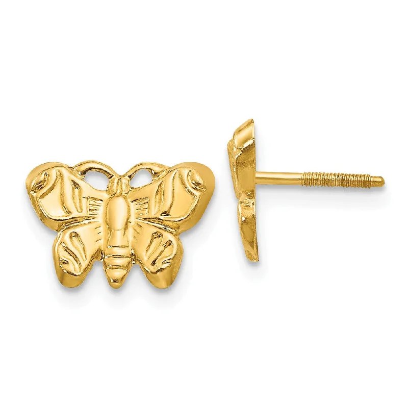 Bridal Earrings for Weddings-Kids 10mm Butterfly Screw Back Earrings in 14k Yellow Gold