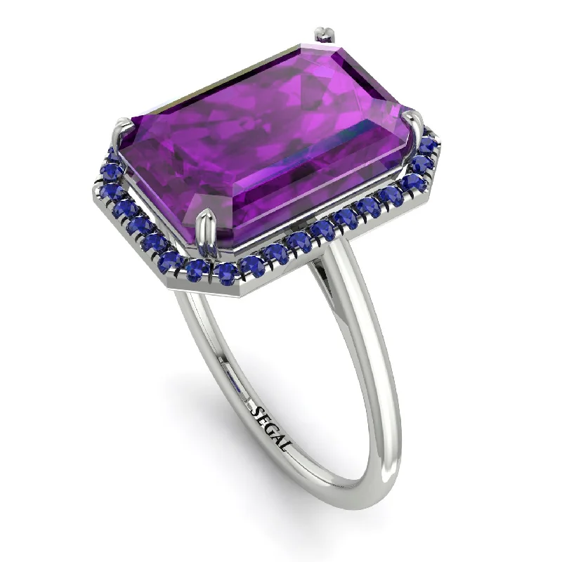 Simple Silver Rings-Halo Emerald Cut Amethyst Engagement Ring - Izabella No. 315