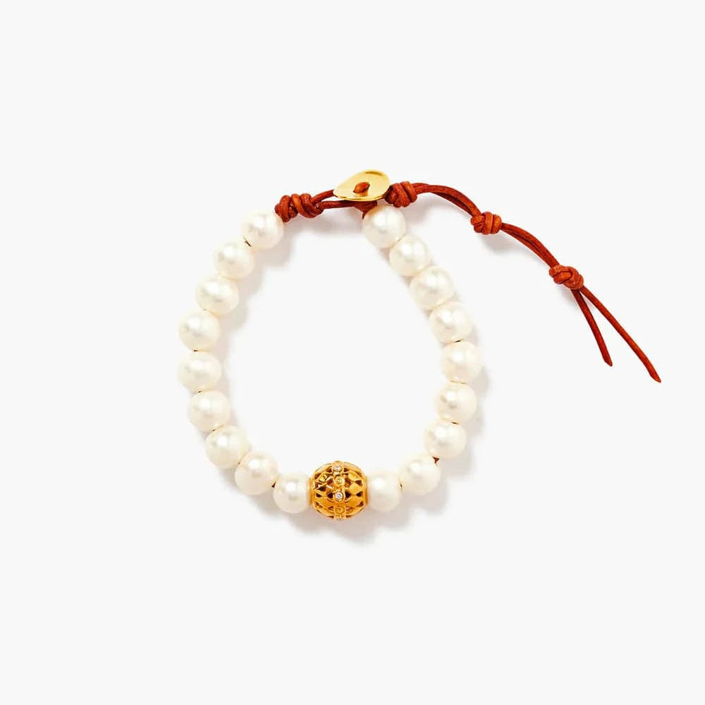 Custom Gold Bracelets-Felicity Diamond White Pearl Single Wrap Bracelet