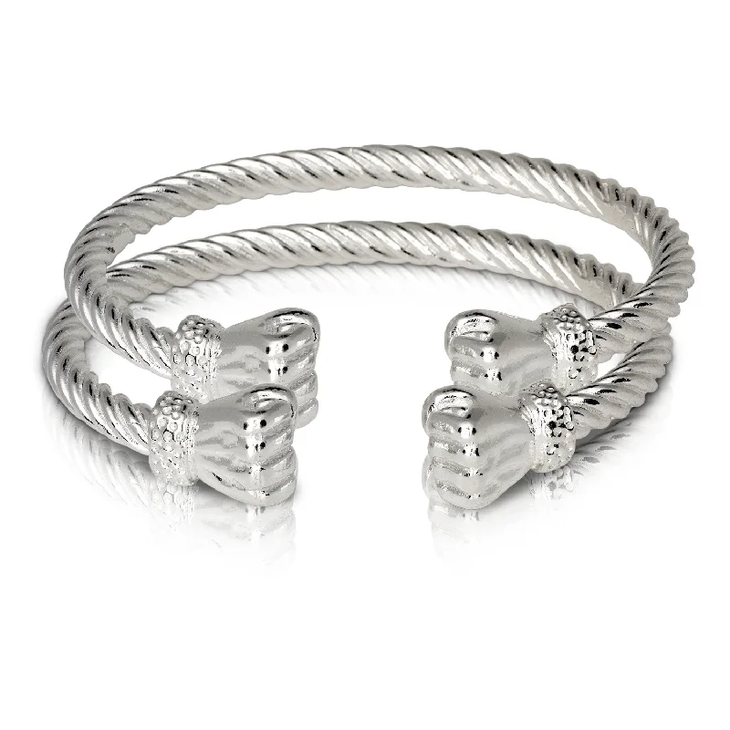 Wedding Bangle Bracelets-Large Fist Ends Coiled Rope Thick West Indian Bangles .925 Sterling Silver MADE IN USA, 1 pair