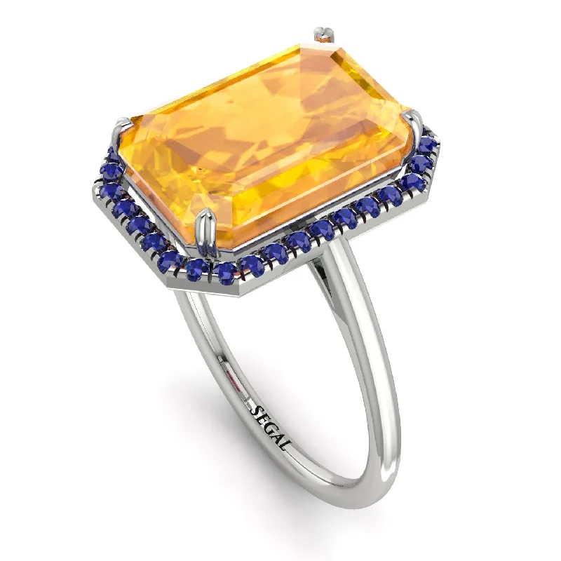 Silver Gemstone Rings-Halo Emerald Cut Yellow Diamond Engagement Ring - Izabella No. 1015