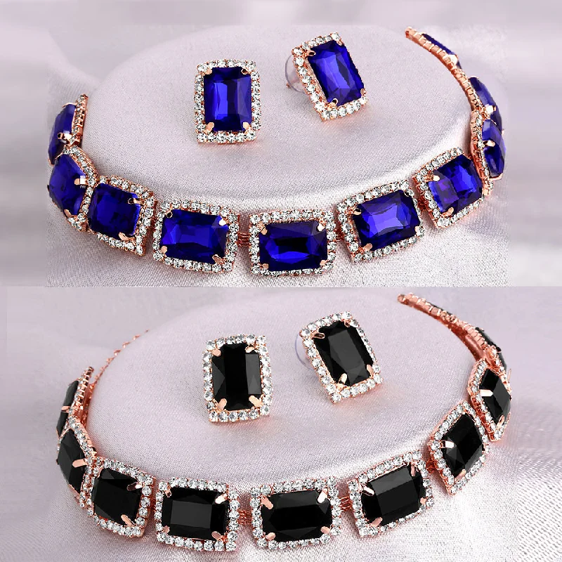 Fashionable Gemstone Necklaces-Shrishti Fashion Fascinating Squire Blue And Black Rose Gold Plated Set Of 2 Collar Necklace Set Combo For Women