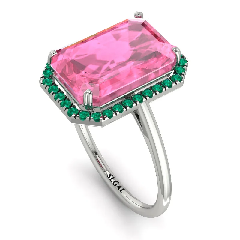 Personalized Rings for Weddings-Halo Emerald Cut Pink Moissanite Engagement Ring - Izabella No. 806